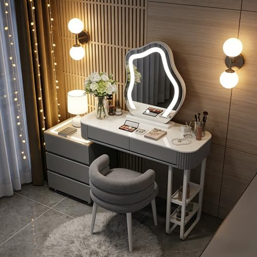 MYDD8 Schminktisch Mit Beleuchtung Und Hocker,Moderner Frisiertisch Mit Kabelloser Aufladung,Bluetooth-Audio,Schminktisch Mit Spiegel,3 Farben,Für Das Schlafzimmer (Graues Schminktisch-Set)