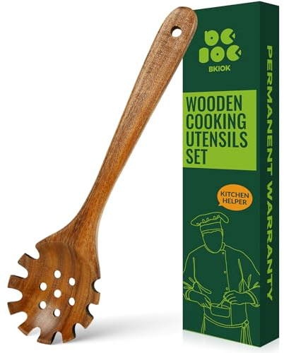 Tenedor de pasta de madera de teca antiadherente natural, servidor de cuchara de espagueti, colador hecho a mano, cuchara ranurada (cuchara redonda de espagueti)