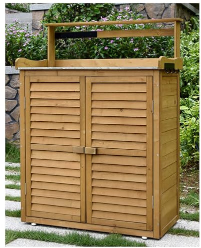 Outdoor Wooden Garden Potting Bench Table with 3 Tier Storage Shed Waterproof Backyard nizer for Planting Work Brown Color