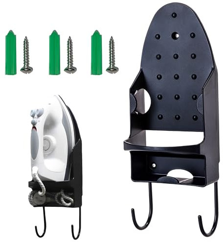DXIA Iron Holder Wall Mount, Ironing Board Holder, Universal Wall Mounted Ironing Board with Removable Hooks, Iron Storage Organizer for Laundry Room, Hotel, Home, Black