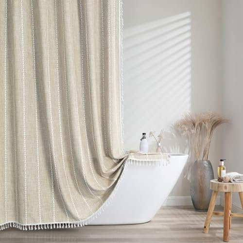 meioro Gestreifter Duschvorhang Boho Bauernhaus Duschvorhänge, Leinen gewebter Stoff Textil Duschvorhang Set mit 12-Haken, Wasserdicht Rustikale Böhmische Duschvorhange für Badezimmer(Beige,183x183cm)