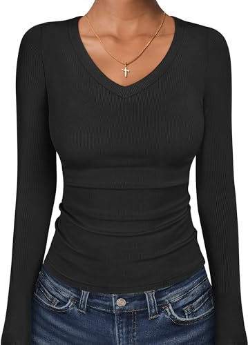 ANRABESS Long Sleeve Shirts for Women V Neck Ribbed Knit Fitted Fall Basic Tshirts Going Out Tops 2026 Casual Trendy Clothes Black Large