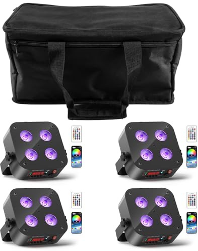 Oloaxolx Lot de 4 projecteurs LED à batterie avec sac, 4 x 18 W RGBWA UV rechargeables pour éclairage de scène contrôlés par APP/DMX/stroboscope à distance pour DJ, fêtes, mariages, anniversaires
