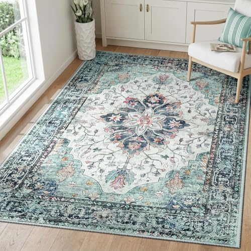 INOVADAY Rugs Living Room 90x150 cm Washable Rug Blue/Teal Green/Navy/Red | Living Room Rug, Rugs for Bedroom, Vintage, Boho, Oriental, Lounge, Dining Room, Home Office, Low Pile, Non Slip, OEKO, Print