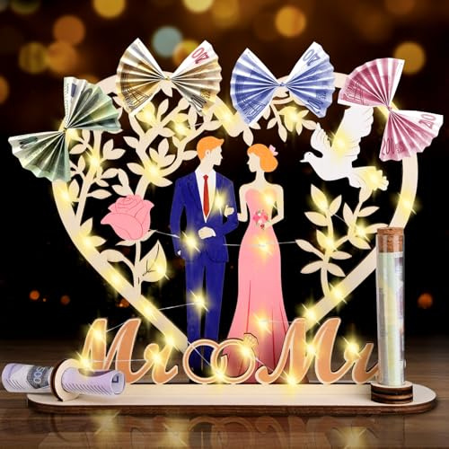 Holz Hochzeitsgeschenk Geld für Brautpaar mit Lichterketten,Geldgeschenk Hochzeit,Hochzeitskarte Geldgeschenk,Hochzeit-Herzförmiges Geschenk - Heiraten - für Erwachsene (Farbig)