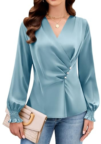 Blooming Jelly Womens Business Casual Blouses Dressy Long Sleeve Tops Satin Silk Work Shirt Fall Fashion 2026(Blue Green,Medium)
