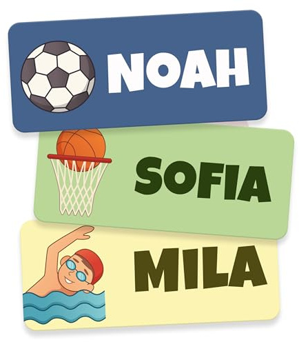 Namensaufkleber Kinder für Schule & Kita (60 Stk, Sport) | Personalisiert & Waschmaschinenfest, Namensschilder für Kleidung, Namensetiketten, Klebeetiketten Namen Kinder