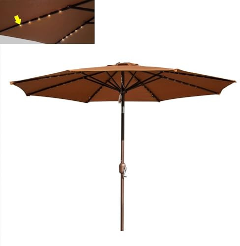 GFYHTN Ombrellone da Giardino 270cm, Ombrello da Terrazzo Esterno con 40 Luci Solare LED, Inclinazione Regolabile e Manovella per Bar Balcone Piscina(Brown)