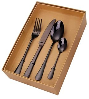 CRBUDY Ensemble de Couverts en argenterie, 24 pièces, boîte en Papier Kraft, Couverts en Acier Inoxydable doré, Couteau à Steak, Fourchette à Dessert, cuillère à café, Vaisselle, doré, Couverts