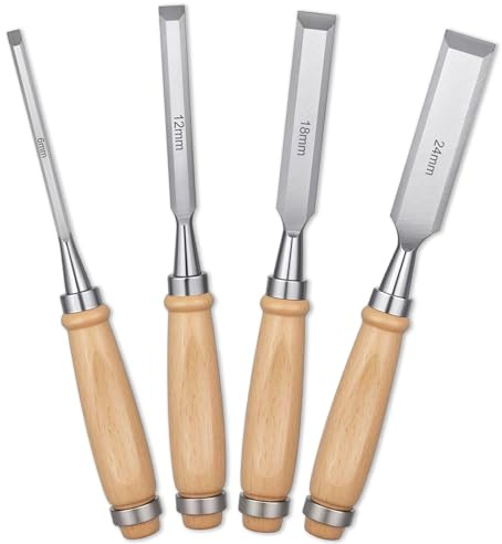 Wood Chisel Sets, 4 Pcs Chisel Set 6/12/18/24mm Woodworking Carving Hand Tools with Bevel Edge Chisels for Woodworking Crafts Sculpting
