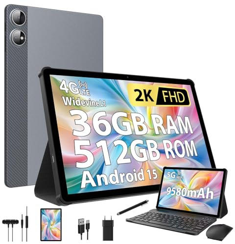 LINROM Android 15 11 Inch Tablet, 36GB RAM+512GB ROM, INCELL 2000 * 1200, 4G SIM LTE+5G WiFi, Octa Core 2GHz,13MP+8MP, WidevineL1/9580mAh/BT5.0/OTG/GPS-Tablet with keyboard (Gray)