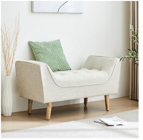 INMOZATA Chenille End of Bed Bench upholstered bench with Arms Tufted Window Seat Bench with Solid Wood Legs & Foot Pads for Living Room Bedroom Hallway (Ivory)