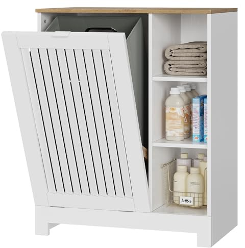Smart FENDEE Gabinete inclinable para la ropa sucia con puerta con persiana, cesta de lona y 3 estantes laterales abiertos, armario de basura oculto, ideal para lavandería, cocina, baño, color blanco