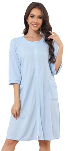 Starblazia Zip Up Dressing Gowns for Women UK Ladies Waffle Knit 3/4 Sleeve Lightweight Housecoats Knee Length Casual Women Bathrobes for All Seasons,XXL,Light Blue