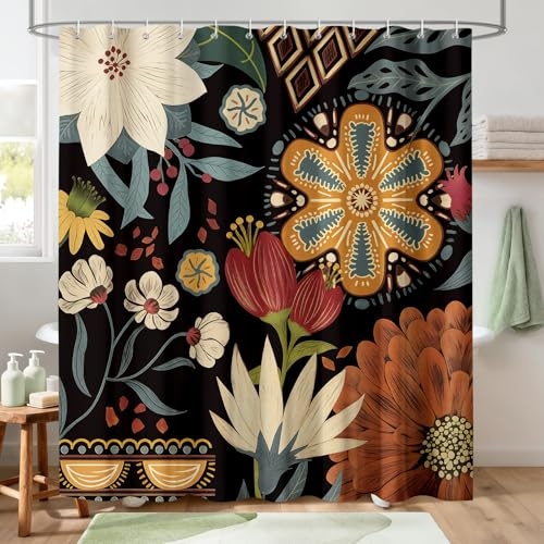 Hopomoon Boho Duschvorhang 180x180 cm Schwarzer Hintergrund mit Vintage Blumen-Print Wasserabweisender Dunkle, Exotische Duschgardine im Hippie-Stil