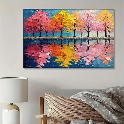 LIMAIDUO Arte mural abstracto: Impresión en lienzo de un árbol de la vida con flores de cerezo, vibrante paisaje otoñal y reflejo en el espejo, para sala de estar (50 x 70 cm/marco interior)