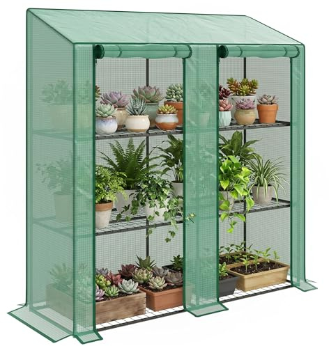 Outsunny Serre adossée Mini, Couverture Plastique, 143x46x151cm, Vert | Renforcée, portable, serre intérieure/extérieure, 2 portes enroulables, 3 niveaux, 6 étagères en fil métallique