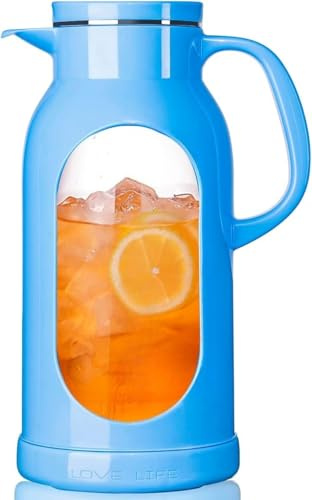 Jarra de vidrio de 2 litros con carcasa inastillable, forro de vidrio resistente al calor, tapa de acero inoxidable, jarra y jarra para té helado, agua caliente/fría, bebidas caseras de jugo (azul)