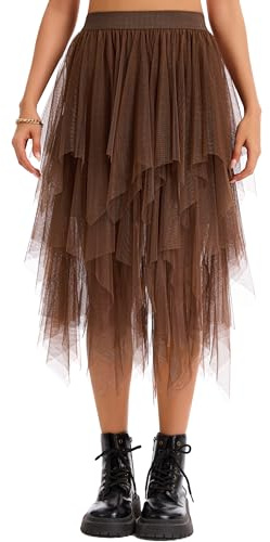 Lovasy Gonna Tulle Donna Irregolare Midi Gonne tutù a Rete Vita Alta Elastica Gonna Balletto Asimmetrica Multistrato Gonne a Pieghe Principessa per Halloween Natale Party Prom,A-Marrone Scuro,S/M