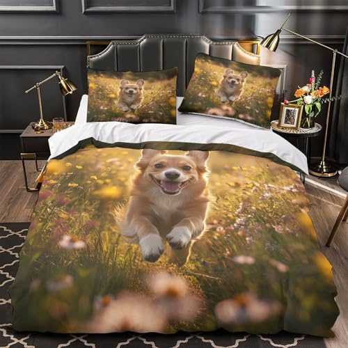 QIAVXZIP Cane carino che corre Impressione 3D 3 pz cover piumone Scena di campo naturale coperteletto microfibra traspirante antiacari per bambini ragazzi donne Single（140x200cm）
