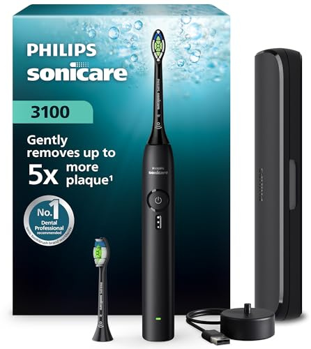Philips Sonicare 3100 Series – elektrisk tandborste med Pressure Sensor, 3 intensitetsnivåer, EasyStart, SmarTimer, 14 dagars batteritid, resefodral, svart, modell HX4034/22, [Ny]