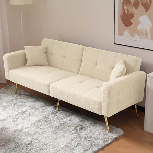Merax Schlafsofa 2-Sitzer Sofa mit Schlaffunktion, Klappsofa mit unabhängig verstellbaren Doppelrückenlehnen - Sofabett aus Sherpa-Stoff, für Wohnzimmer/Schlafzimmer/Gästezimmer, Beige