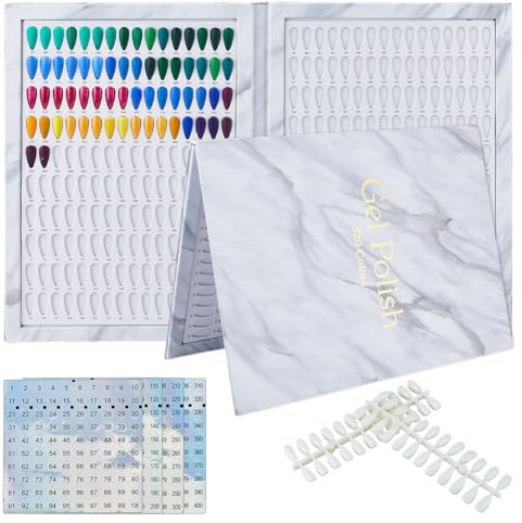 SUPERFINDINGS Nail Color Display Book with 480Pcs Nail Tips Nail Gel Polish Display Card Book with 4 Sheets Stickers Nail Art Showing Board Nail with Replacement Tips Salon Tools,No Glue Required