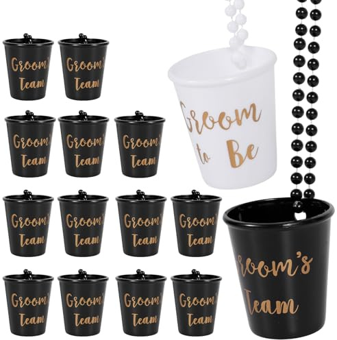 15Pcs Hen Party Shot Glasses, Plastic Beaded Bridal Shot Glass,Bride Groom Shots Necklace Glass with Gold Foil Bachelorette Party Decoration for Wedding Bridal Shower(Style 2)