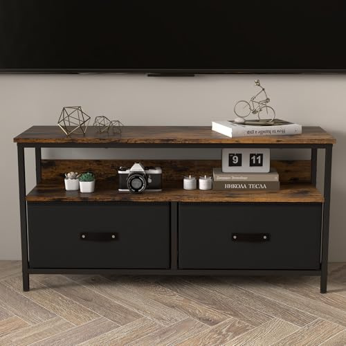 Koioplie TV-Lowboard mit 2 Stoffschubladen, Fernsehtisch aus Massivholz und Eisenrahmen, Retro Holzdekor, Aufbewahrungstisch für Wohnzimmer, 99 x 30 x 57 cm