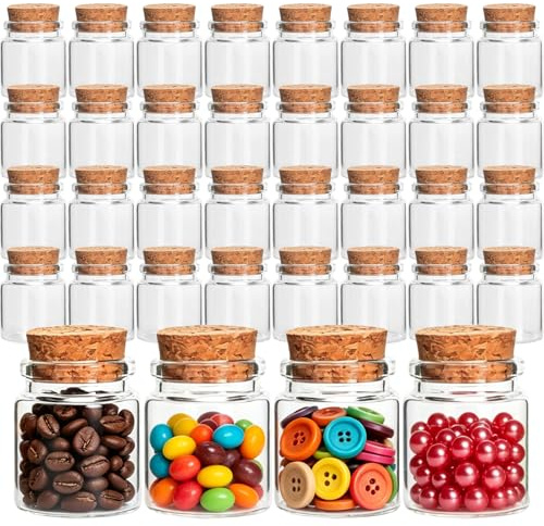 Acetiti 32 Piezas 20 ml Mini Botellas de Cristal con Tapas de Corcho, 37mm x 47mm Pequeños Frascos de Vidrio para decoraciones de bricolaje, Especias, Regalos de Boda, Fiesta