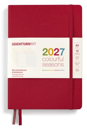 LEUCHTTURM1917 Veckokalender och anteckningsbok med prickade medium (A5) 2027, färgglada årstider, röd, tyska, inbunden kalenderöversikt 2026/2027/2028, planeringsöversikt 01.27-12.28