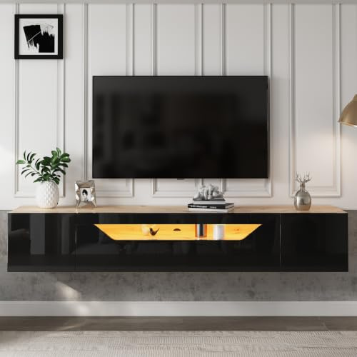 ZHOMGG Meuble TV Suspendu 180 cm, Meuble Salon Moderne,Lumières LED,Noir