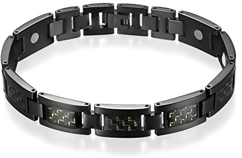 Flongo Herren Magnetarmband Titan Magnet Therapie Kugel Perle Perlen Armband Armreif Magnetarmband mit Kohlenstoff Carbon Fiber Kohlefaser Schwarz Gold Gesundheit breit Poliert Herren Männer
