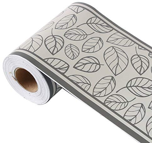 sourcing map Wall Paper Border Self Stick Wall Covering PVC Floor Borders for Kitchen Bathroom Bedroom Wall Decor Paper, Leaves Pattern Gray Black, 3.94 Inch by 32.8 feet