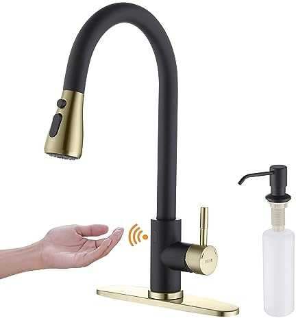 Touchless Kitchen Faucet with Pull Down Sprayer, Motion Sensor Kitchen Faucet with Kitchen Soap Dispenser, Single Handle Pull Out Faucet for Kitchen Sink,Black and Polished Chrome