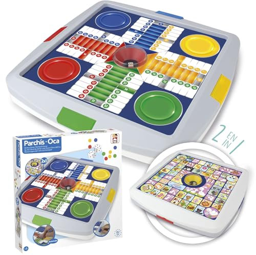 Chicos - Gioco da tavolo 2 in 1 | Parchís e Gioco dell'Oca automatico per bambini | Doppio gioco classico famiglia 2-4 giocatori | dado centrale e scomparti interni | Consigliato dai 3 anni (64001)