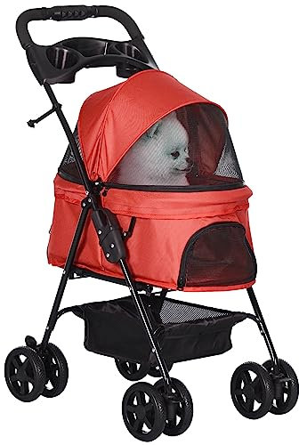 PawHut Hundewagen Hundebuggy klappbar für Hunde & Katzen bis 4 kg Katzenbuggy mit Netzfenster Aufbewahrungskorb Becherhalter Mesh Fenster Katzenwagen Buggy Rot