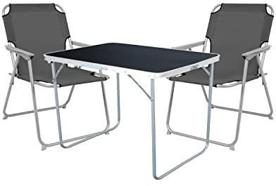Mojawo 3-TLG. Camping Set Campingtisch Schwarz Gartenmöbel + 2 STK. Campingstuhl Klappstuhl Grau Outdoor