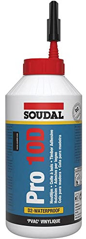Soudal Pro 10D Fast Drying PVA Based Solvent Free Wood Adhesive | Dries Semi-Transparent - Suitable for Bonding of Wood, Chipboard and veneer - 750g - White