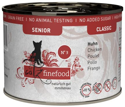 catz finefood Senior N°03 cibo umido per gatti – cibo umido di alta qualità per il vostro gatto anziano – senza cereali, senza zucchero, alto contenuto di carne, vitamine e minerali (6 barattoli da