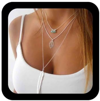 Cimenexe Bohemian Tiny Türkis Perlenkette Layered Hollow Leaf Halskette Choker Silber Feder Anhänger Halskette Kette Lange Halsketten Schmuck für Frauen und Mädchen