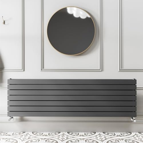 Go Bathrooms Pinta 476 x 1200mm Horizontal Radiator Anthracite Flat Panel Double Column Wall Mounted Designer Anthracite Grey Radiator Central Heating Includes Brackets