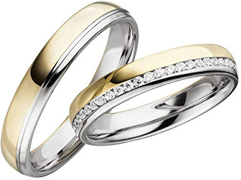 JC Trauringe Silber 925 Paarpreis Eheringe Gelbgold Weißgold Plattiert 4,0mm breit I Partnerringe mit Gravur in edler Schatulle I 2 Hochzeitsringe Herrenring ohne & Damenring mit Steinen I LC125-P-1