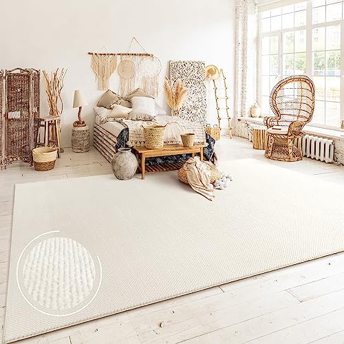 Paco Home Teppich Wohnzimmer Schlafzimmer Kurzflor Skandinavisches Boho Muster Melierte Optik Moderne Einfarbige Deko, Grösse:200x280 cm, Farbe:Creme