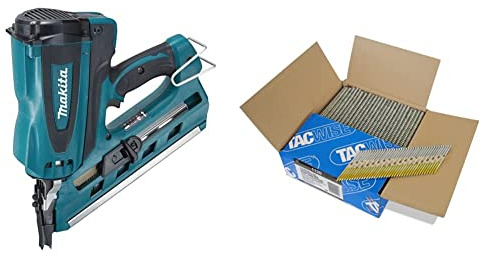Makita GN900SE Akku-Gasnagler 7,2 V, Schwarz, Blau, Petrol & Tacwise 1120 Typ 3,1/65 mm 'D'-Kopf verzinkte Streifennägel Ring, 2.200 Stück, Grau