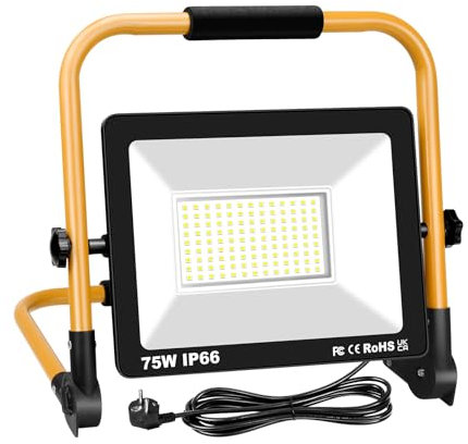 SKYWORLD Faretto da Cantiere 75W, Faretto LED per Cantiere Esterno Portatile, Super luminoso Faro LED con Spina, Luce di Sicurezza Bianca Fredda 6500K per garage, giardino, cantiere edile, Cavo 3M