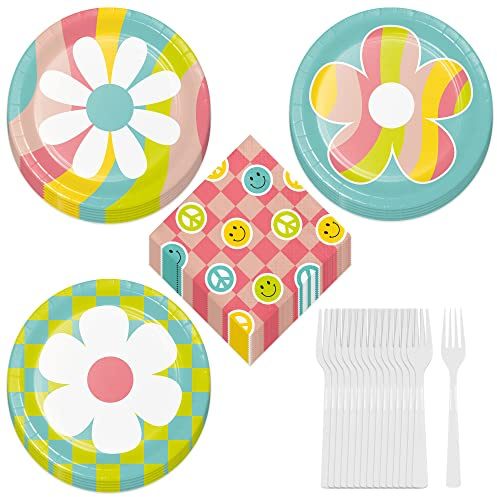 HOME & HOOPLA Groovy Happy Vibes Flower Power Assorted Paper Dessert Plates, Beverage Napkins, and Forks (Serves 16)