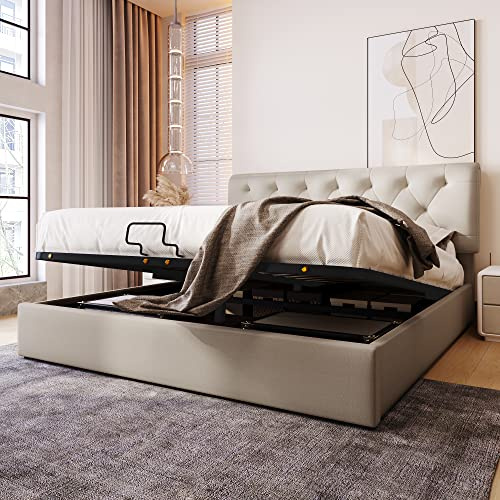 Kayan Hydraulisch Polsterbett Doppelbett 160x200cm,Verstellbares Kopfteil, Bett mit Lattenrost aus Metallrahmen, Modernes Bettgestell mit Stauraum, Natürlich
