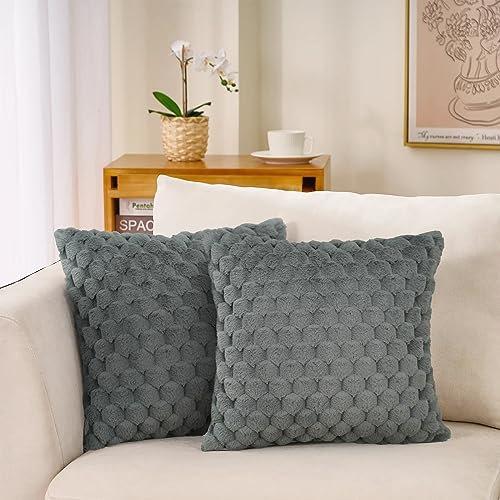 Merrycolor 2er Set Plüsch Kissenbezug 45x45cm, Superweich Flauschig Weiche Künstliche Pelz Kissenbezüge Dekorative Doppelseitiger Plüsch Kissenhülle für Wohnzimmer Schlafzimmer(Grau,45x45cm)