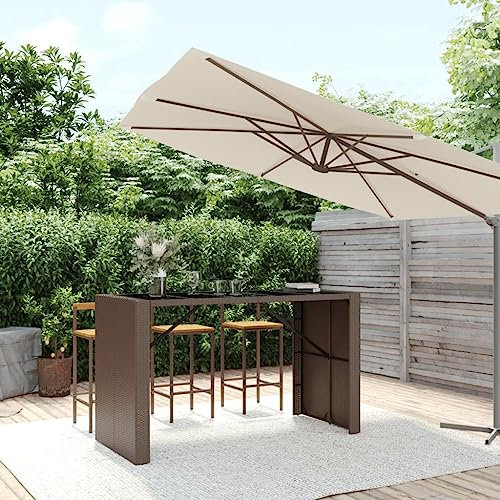 LAPOOH Bartisch mit Glasplatte Braun 185x80x110 cm Poly Rattan Küchentisch, Esstisch, Bar Tisch, Minibar Schrank, Bar Möbel, Kuchen Tisch, Kaffeebar Möbel
